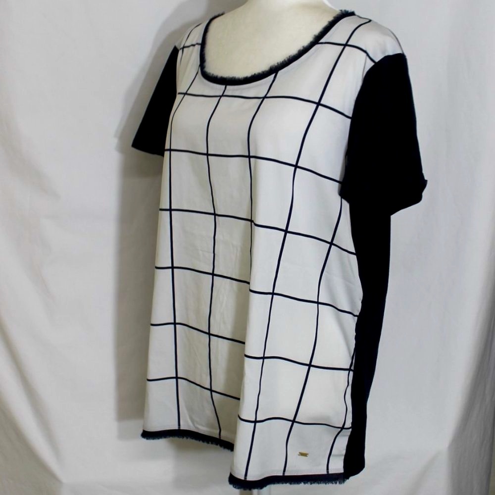 TOMMY HILFIGER Navy Blue & White Blouse Size XXL Fringe Edges Short Sleeve L/W